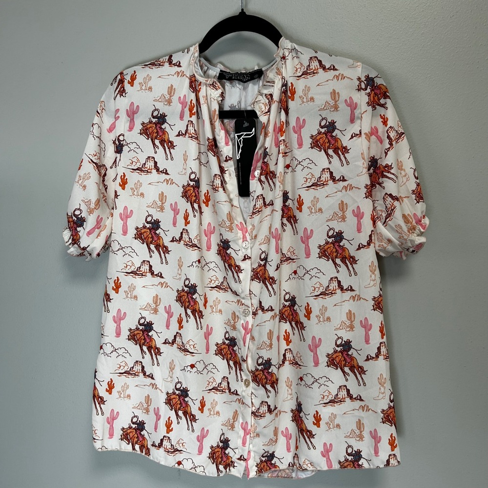 Lucky & blessed sheer western cactus roping desert rodeo buttondown short sleeve